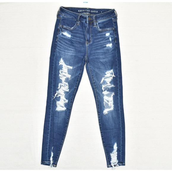 American Eagle Outfitters Denim - American Eagle Women Cotton Blue Size 2 Short Hi Rise Jegging Skinny Distressed